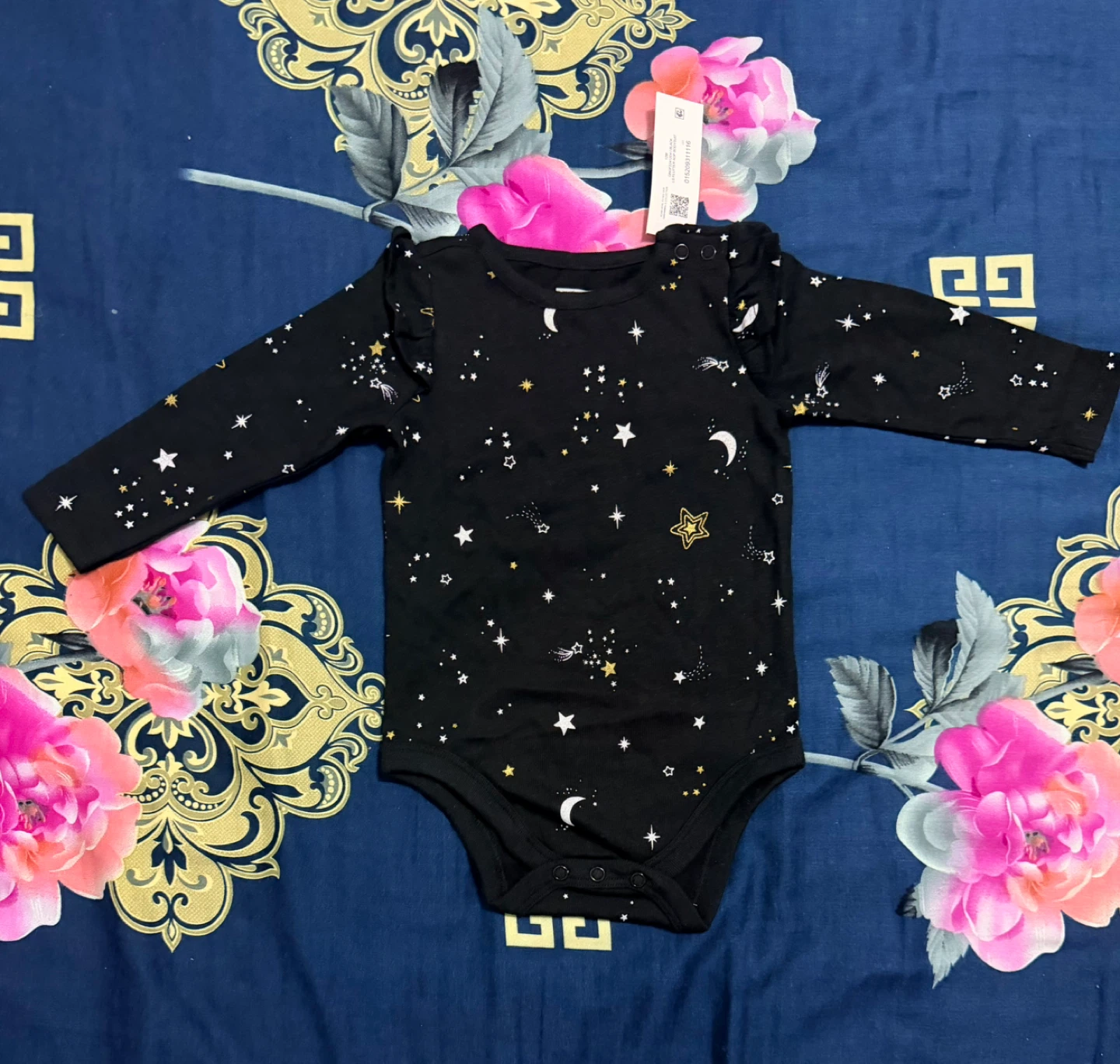 Black long-sleeve baby romper with celestial print - photo 2
