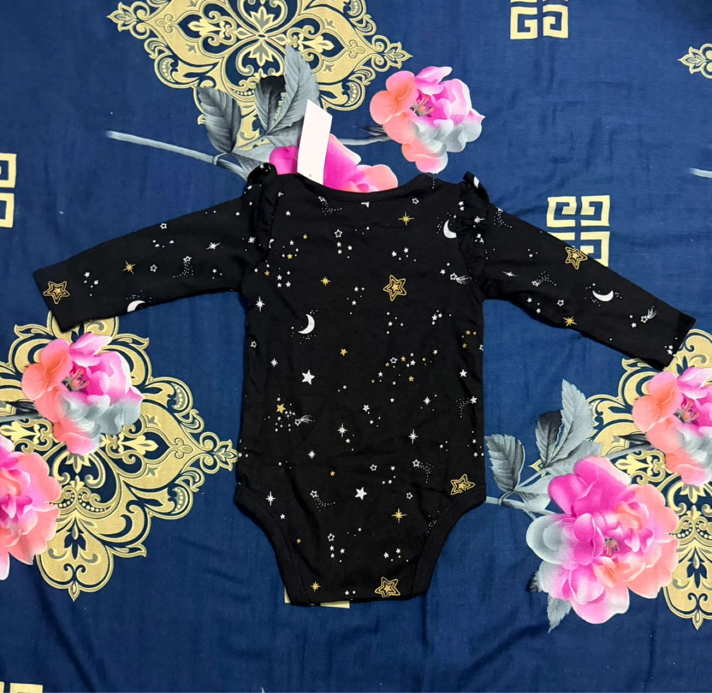 Black long-sleeve baby romper with celestial print - photo 3
