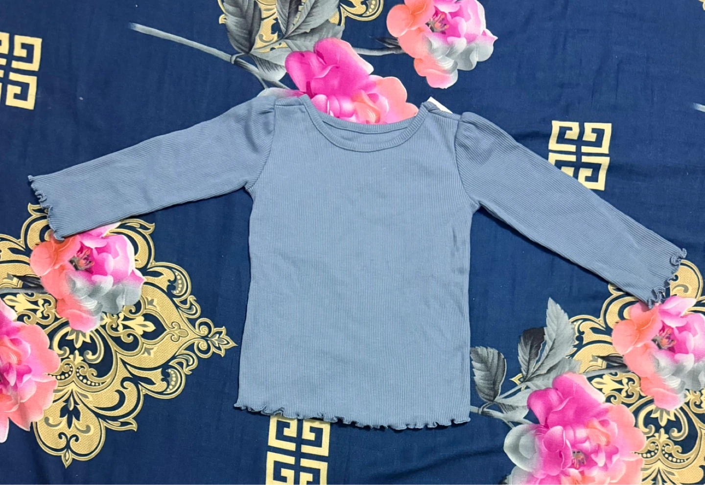 Girl's Blue Long Sleeve Ribbed Top - photo 2