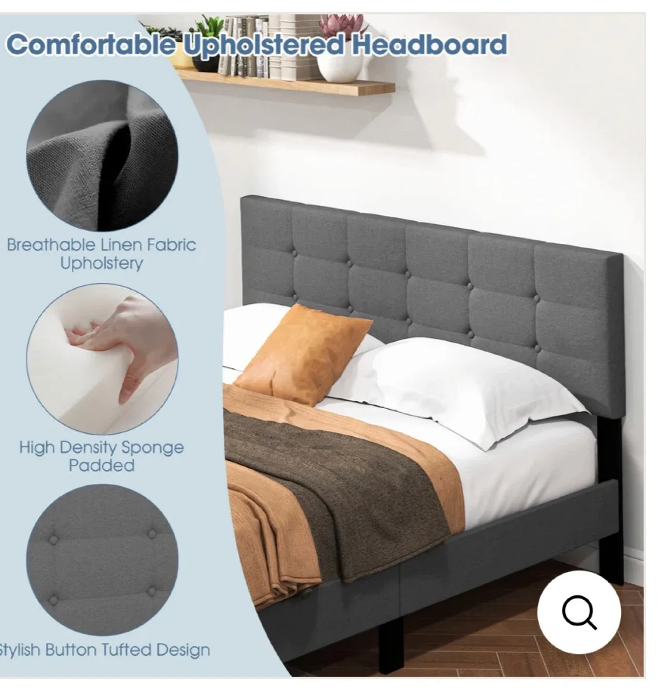 Grey Upholstered Button Tufted Headboard Bed Frame