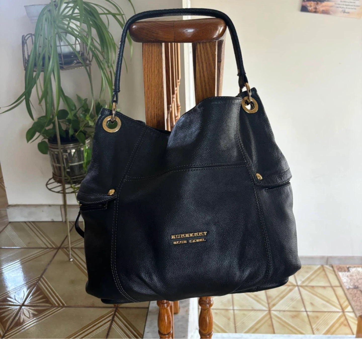 Authentic Burberry Blue Label Black Leather Hobo Bag
