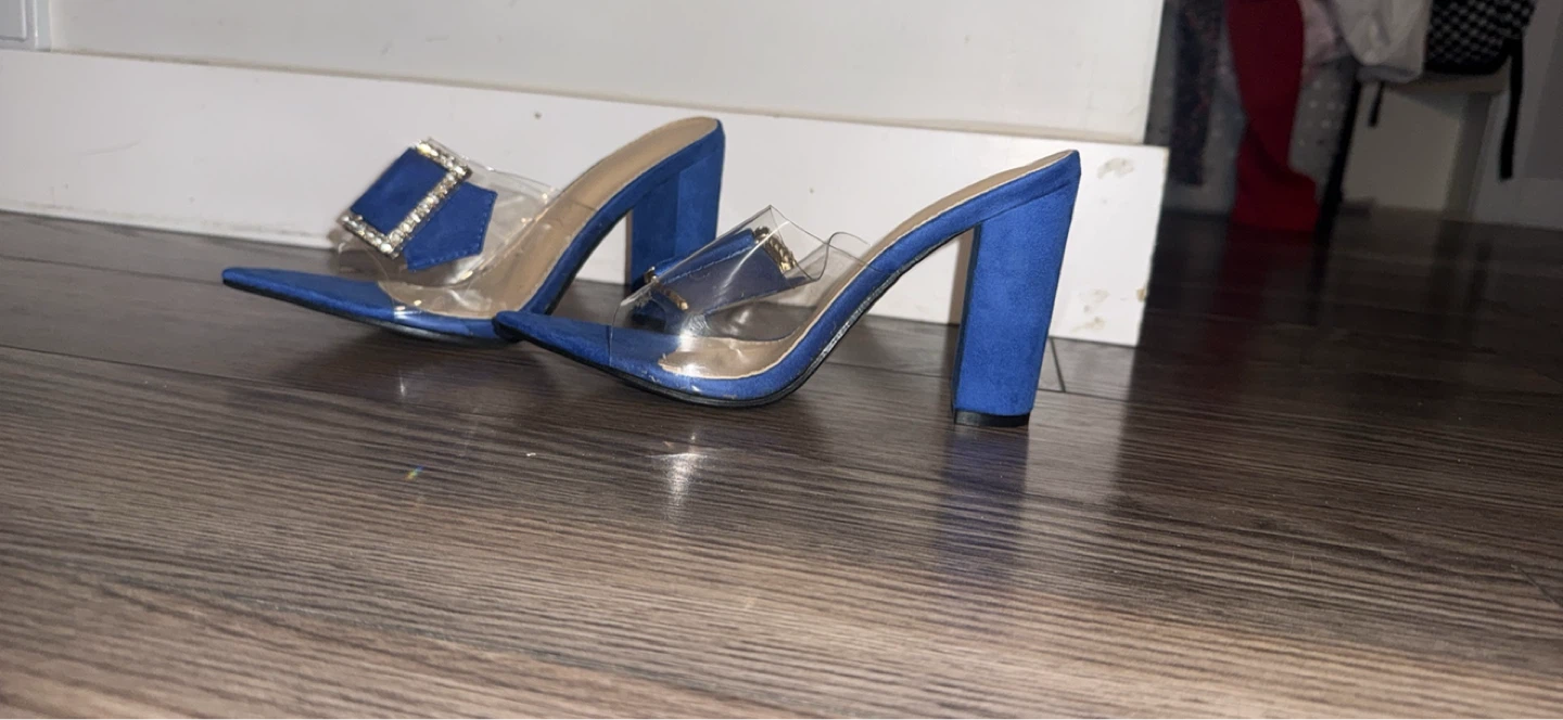 Blue Suede Heeled Sandals with Clear Straps