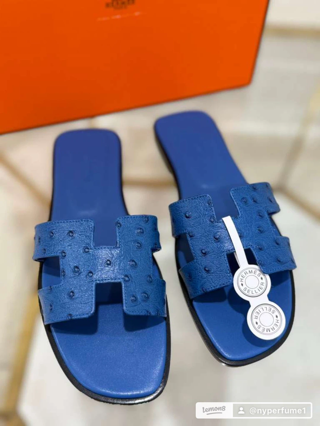 Hermes Blue Ostrich Leather H Sandals