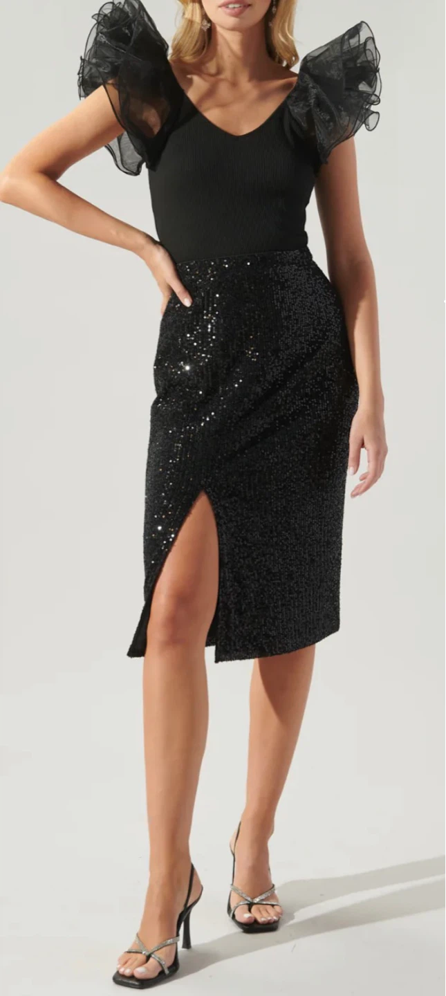 SUGARLIPS Black Sequin Midi Skirt with Slit - Size M