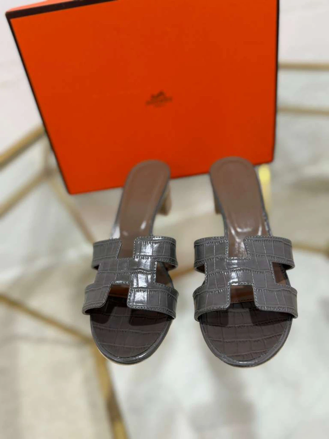 Hermes H Slide Sandals Grey Croc Embossed - photo 2