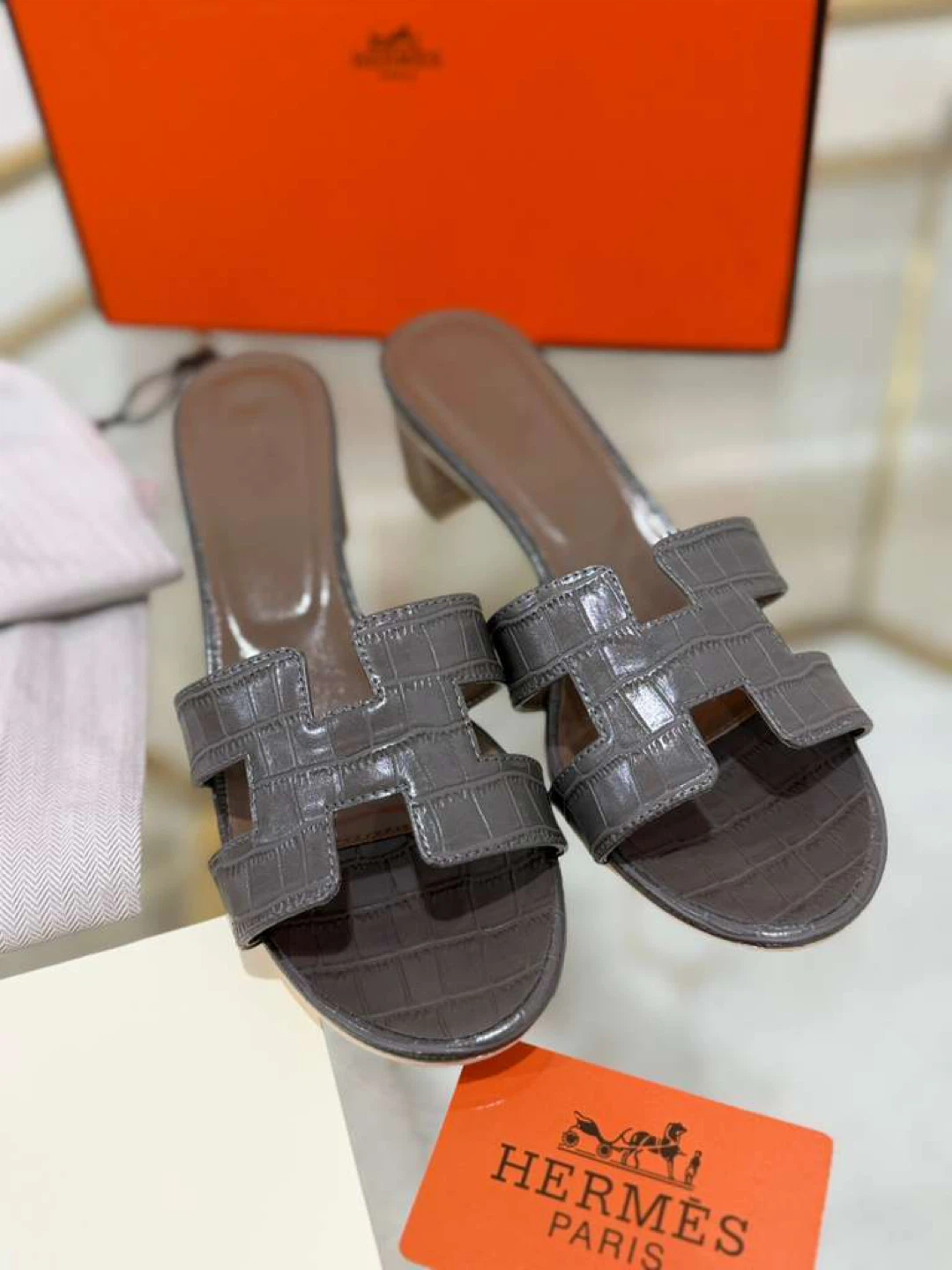 Hermes H Slide Sandals Grey Croc Embossed - photo 4