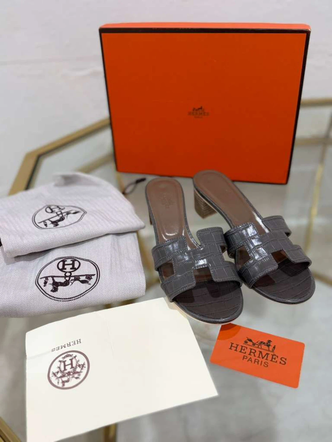 Hermes H Slide Sandals Grey Croc Embossed - photo 5