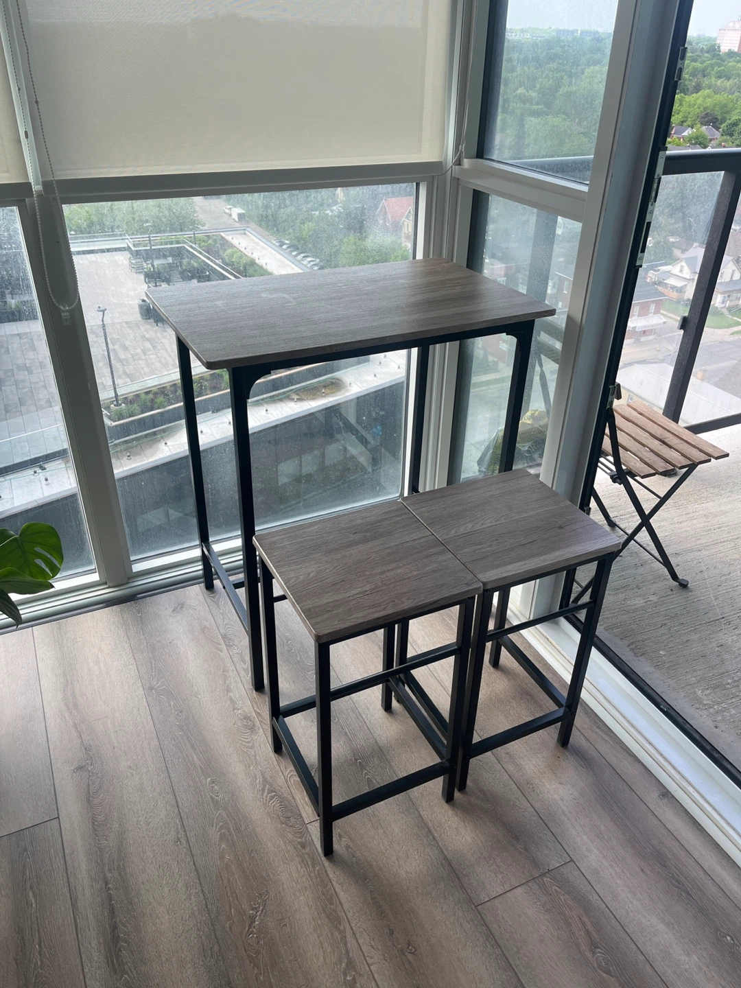 Wood and Metal Bar Dining Table Set with Two Stools