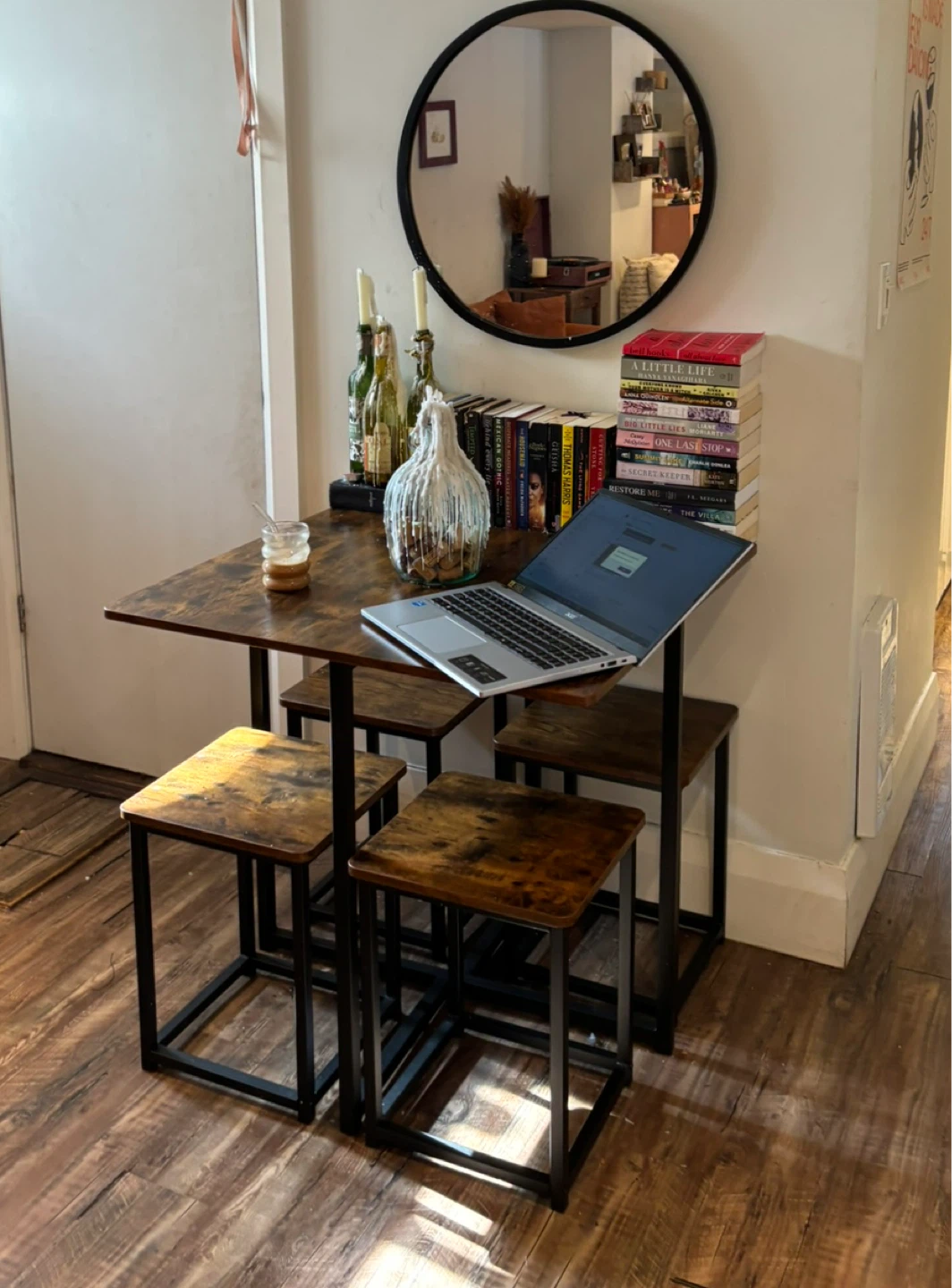 Wood Dining Table with 4 Stools
