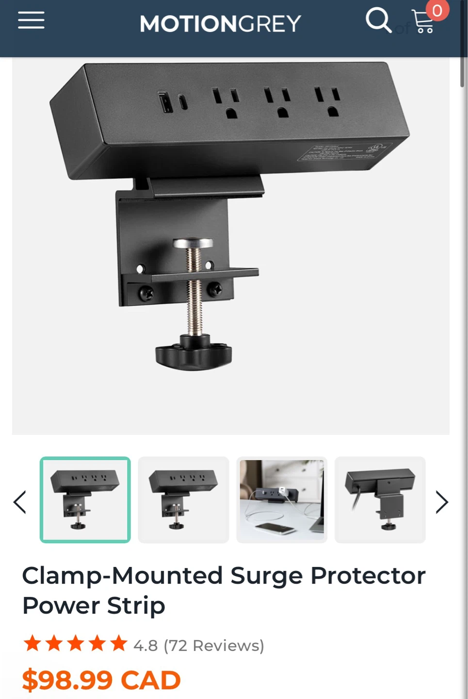 Motion Grey Clamp-Mounted Surge Protector Power Strip