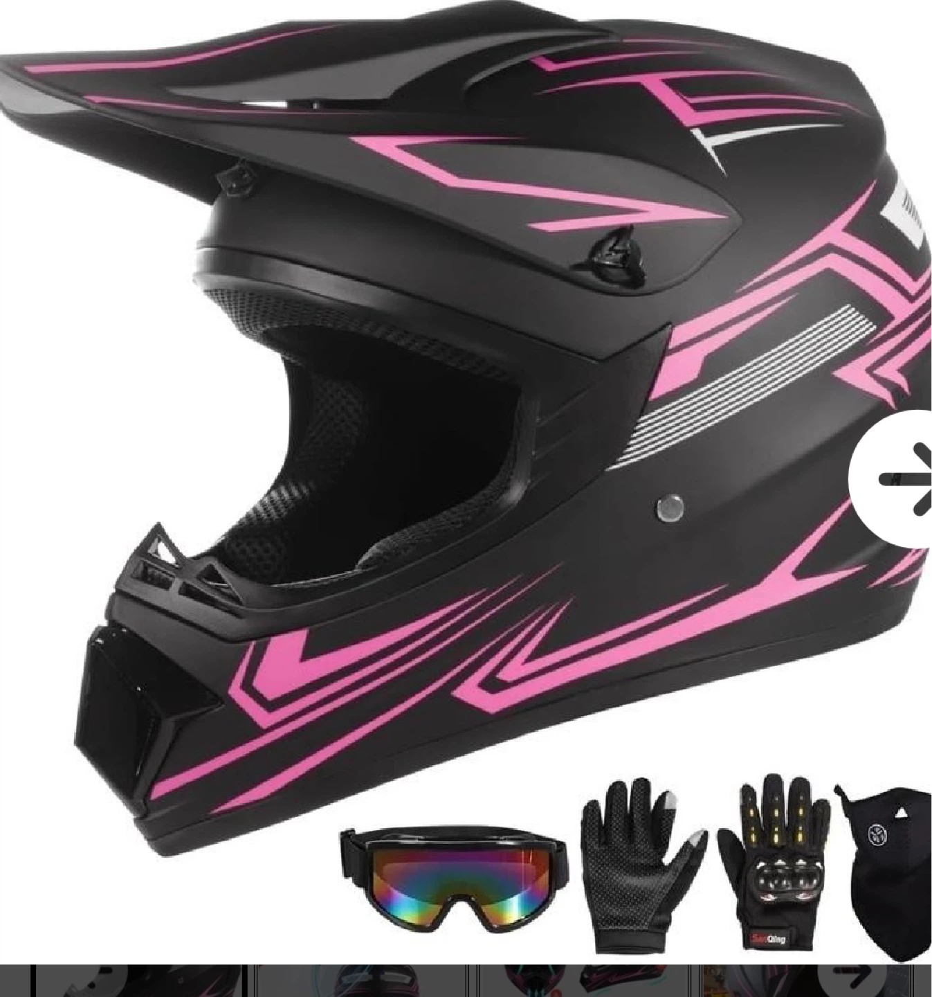 Black & Pink Motocross Helmet with Goggles, Gloves, and Mask