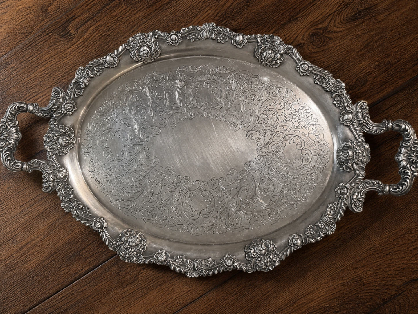 Vintage Large Silver Plated Tray With Ornate Handles