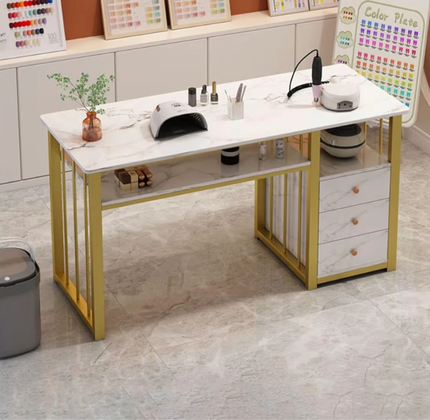 Nail Desk with Storage - White Marble & Gold