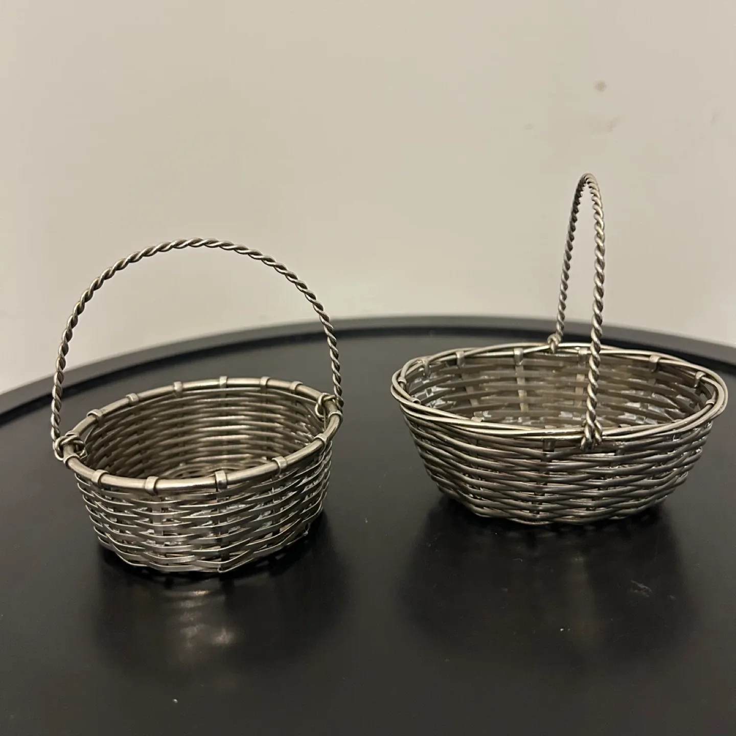 Set of 2 Vintage Miniature Woven Silver-Tone Wire Baskets