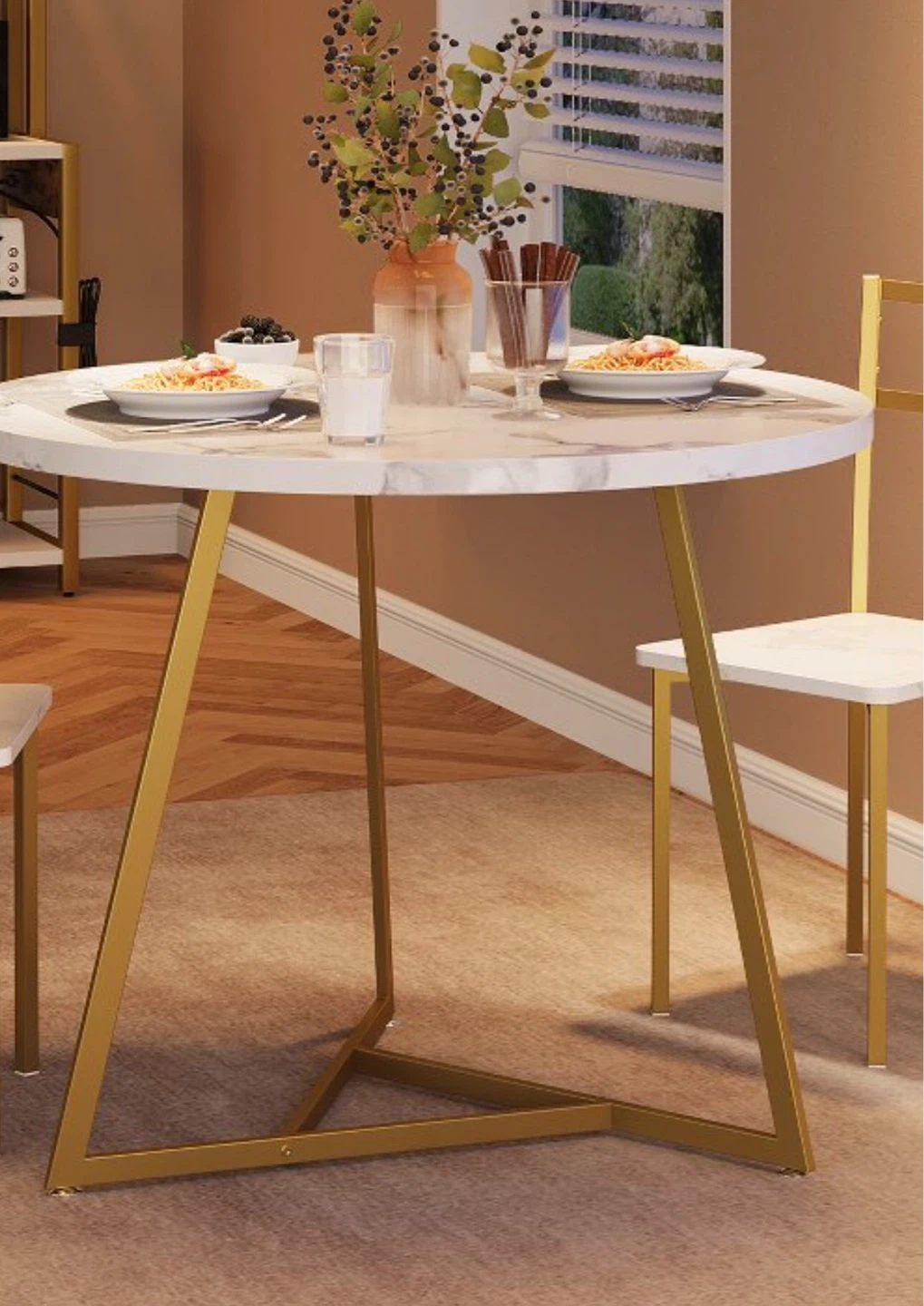 Modern Round 3 Pc Dining Set with Gold Legs. (New)