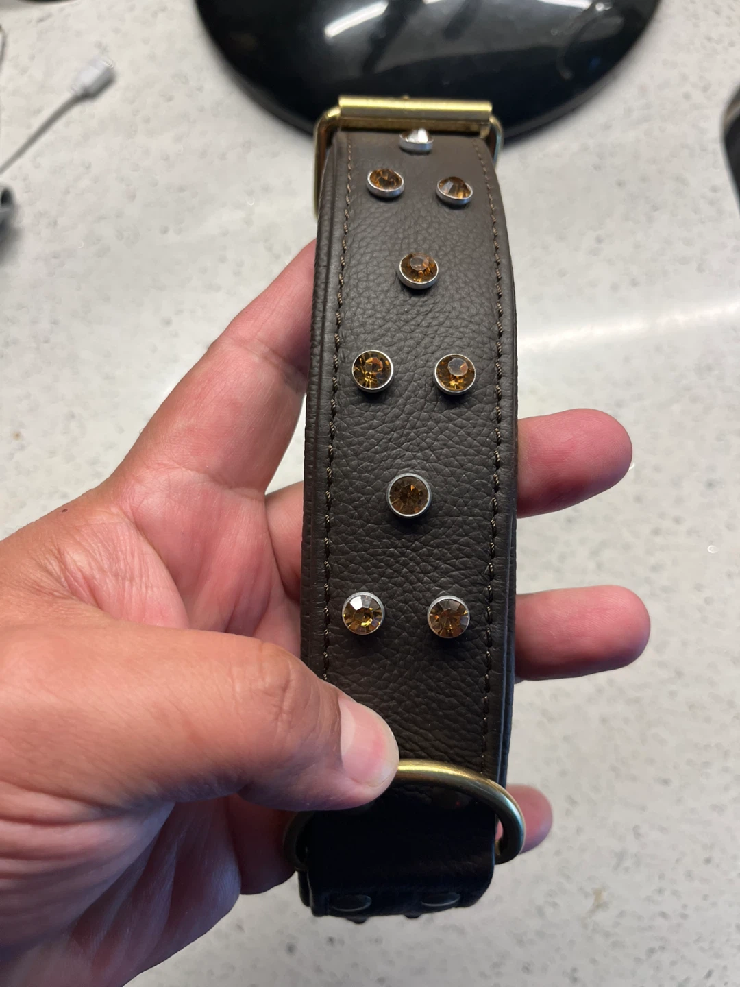 Large Angel Leather Dog Collar with rhinestones Studs - photo 3