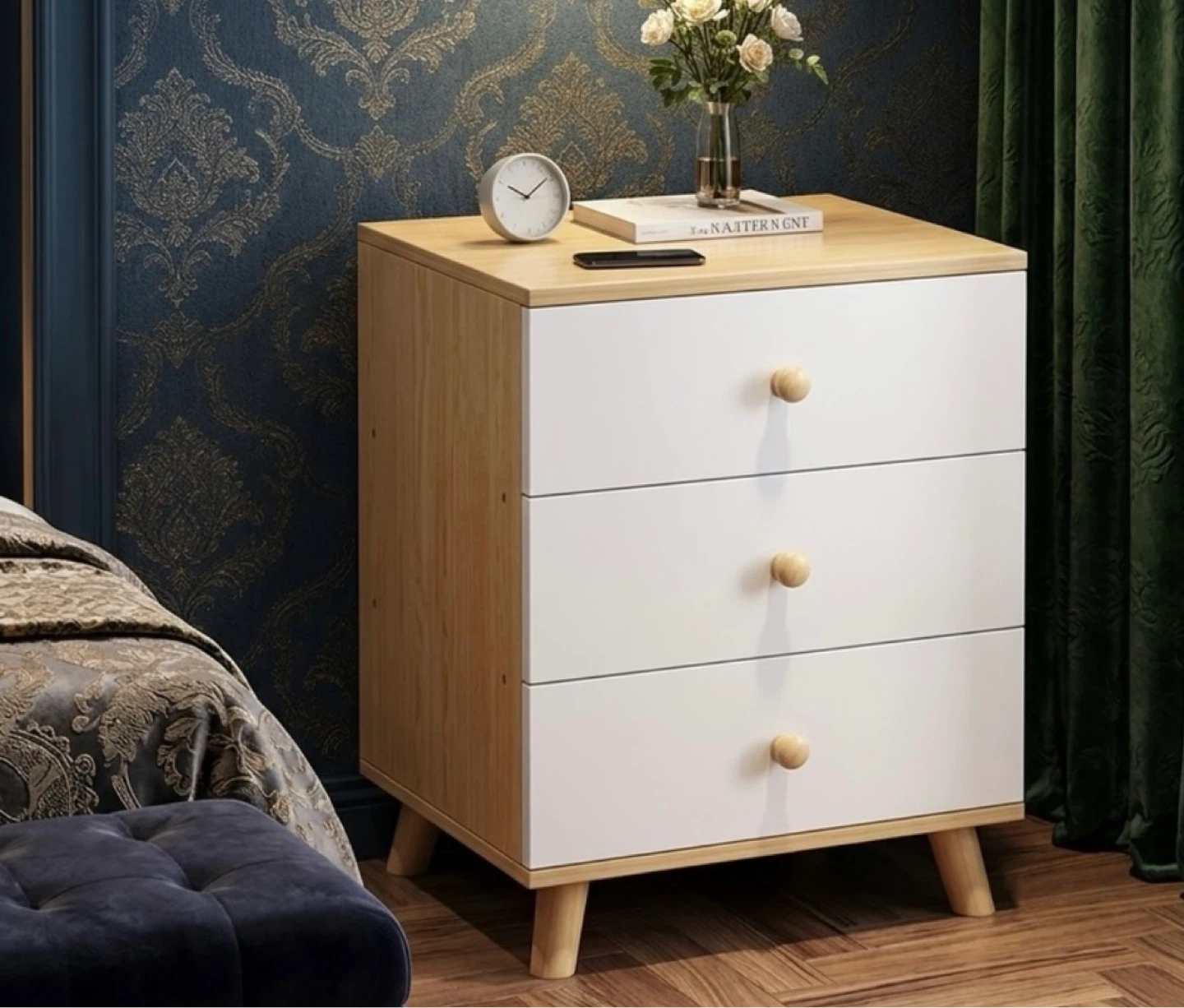 3-Drawer Nightstand with Wood Accents