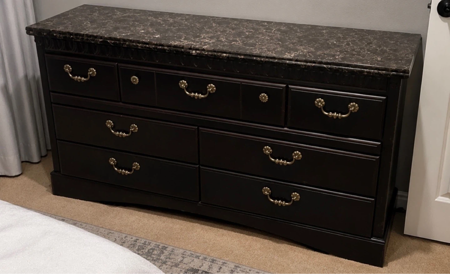 Dark Wood Bed Frame with Gold Accents and Matching Dresser - photo 3