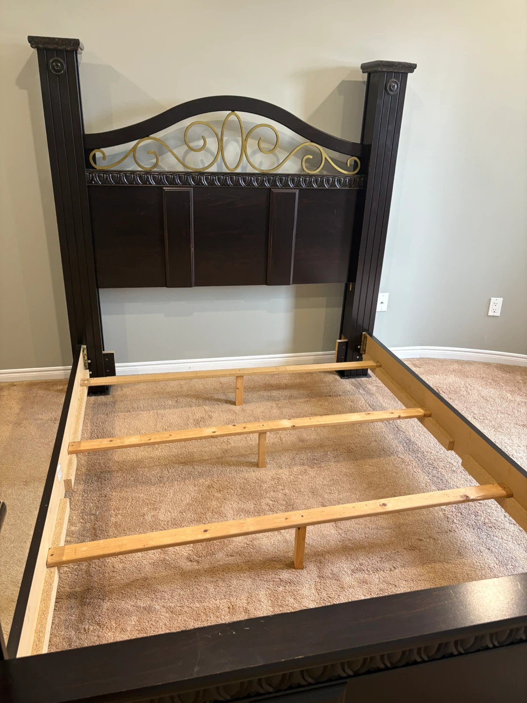 Dark Wood Bed Frame with Gold Accents and Matching Dresser