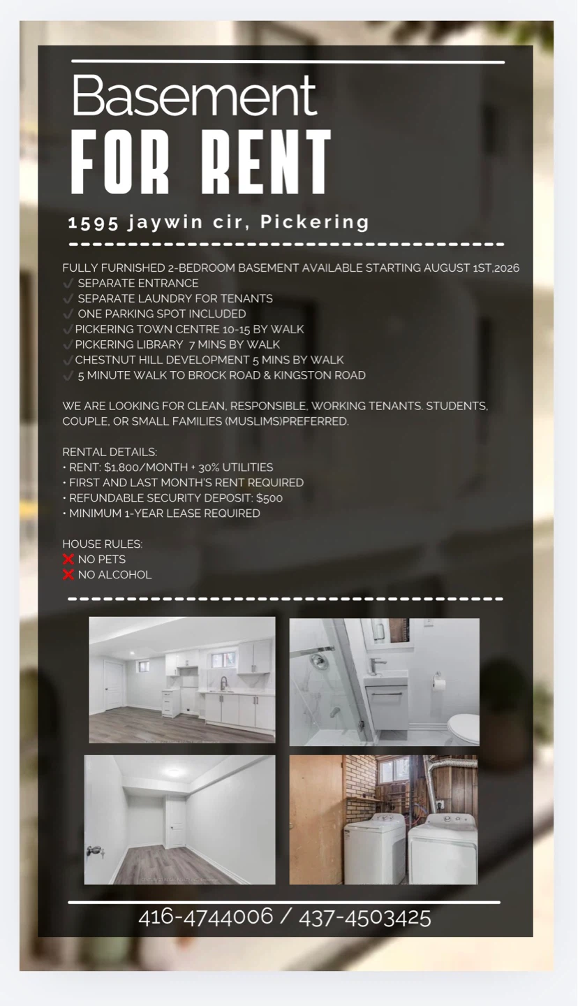 Fully Furnished 2-Bedroom Basement for Rent in Pickering