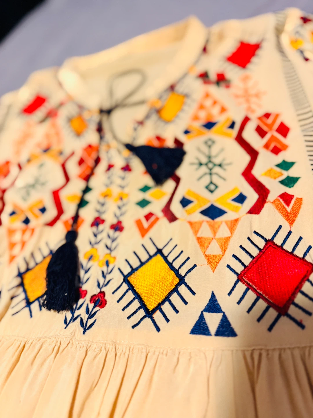 Cream Embroidered Tunic Top with Tassels - photo 4