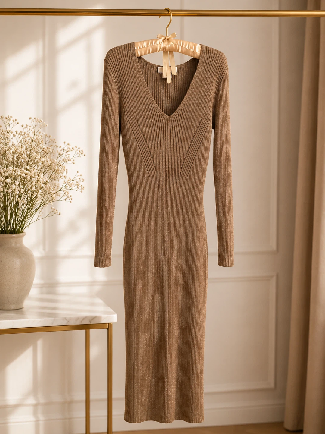 Michael Kors Ribbed Knit Midi Dress - Brown