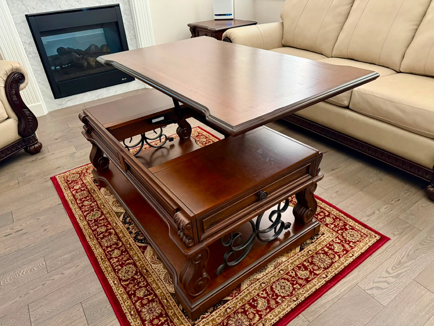 Ornate Lift-Top Coffee Table with Drawer