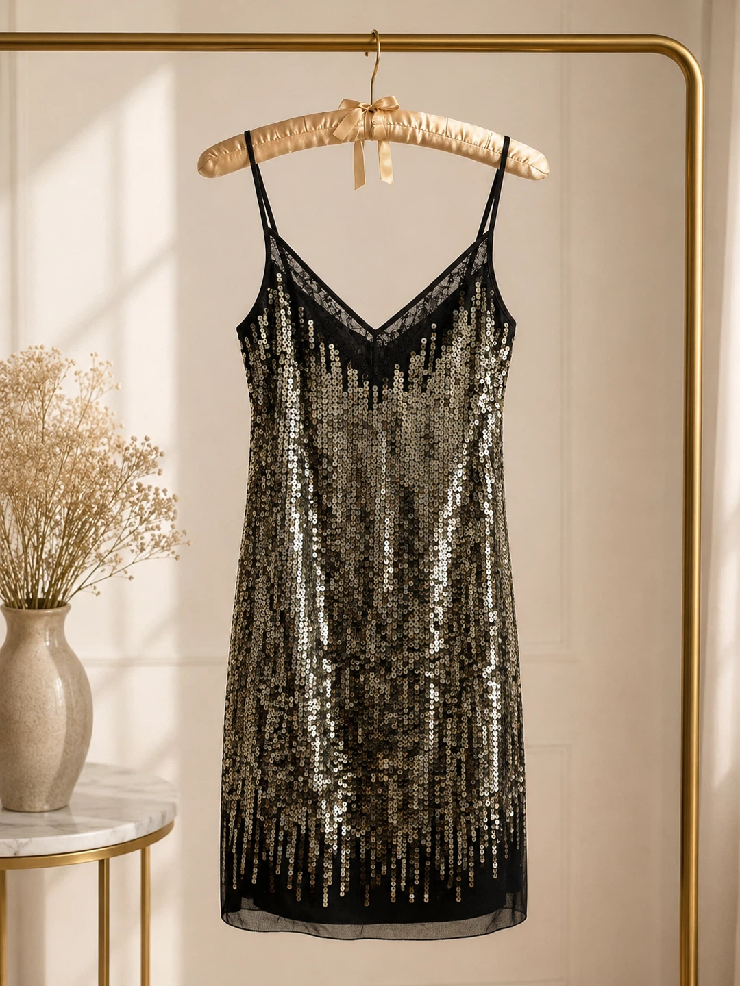 Black sequin slip dress with lace trim