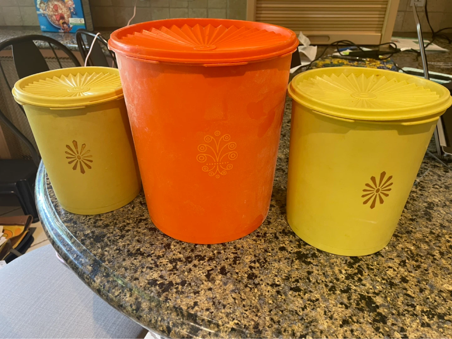 3 Vintage Tupperware Canisters Orange Yellow Floral Design