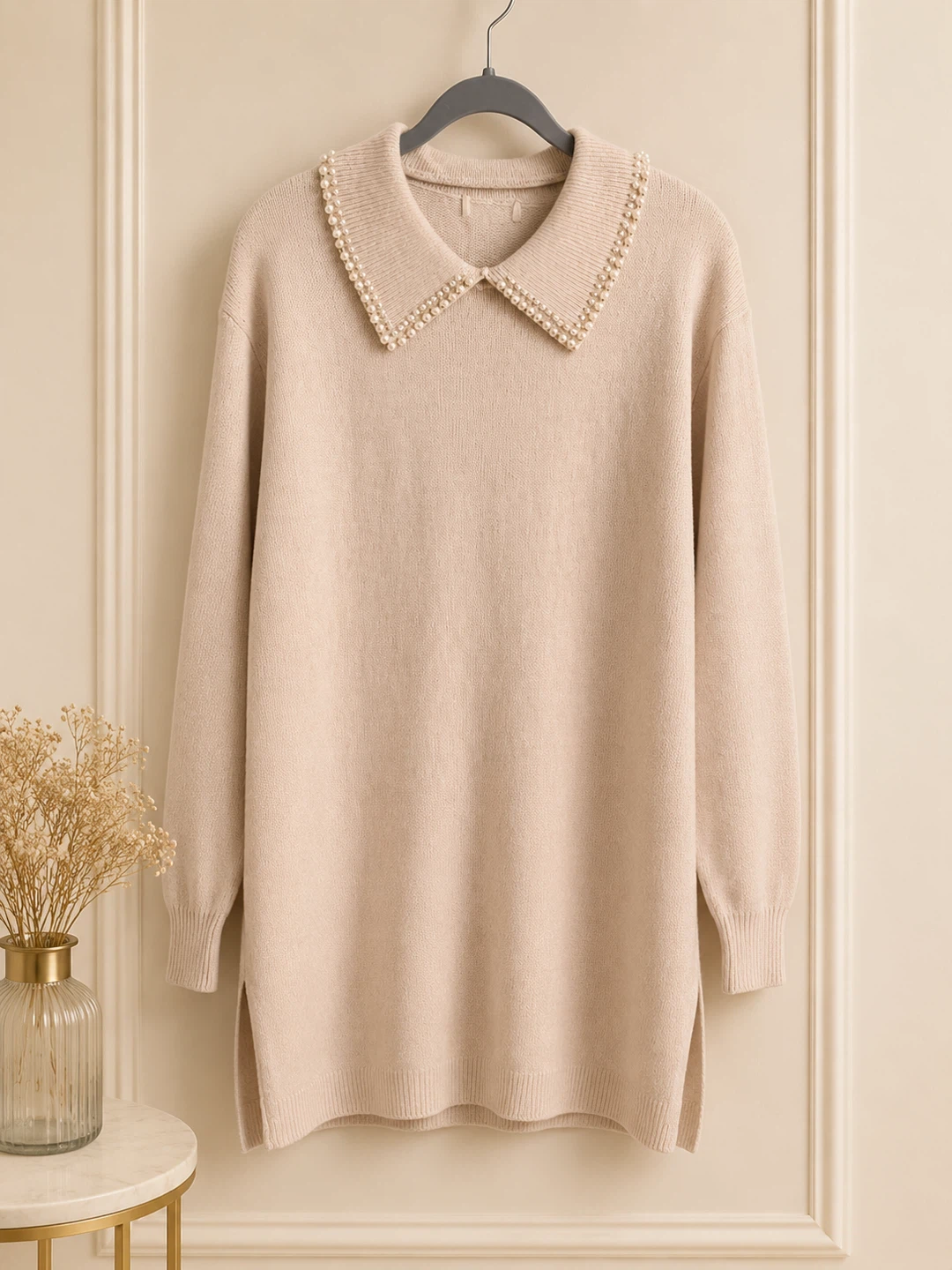 Pearl-Embellished Collar Sweater Dress