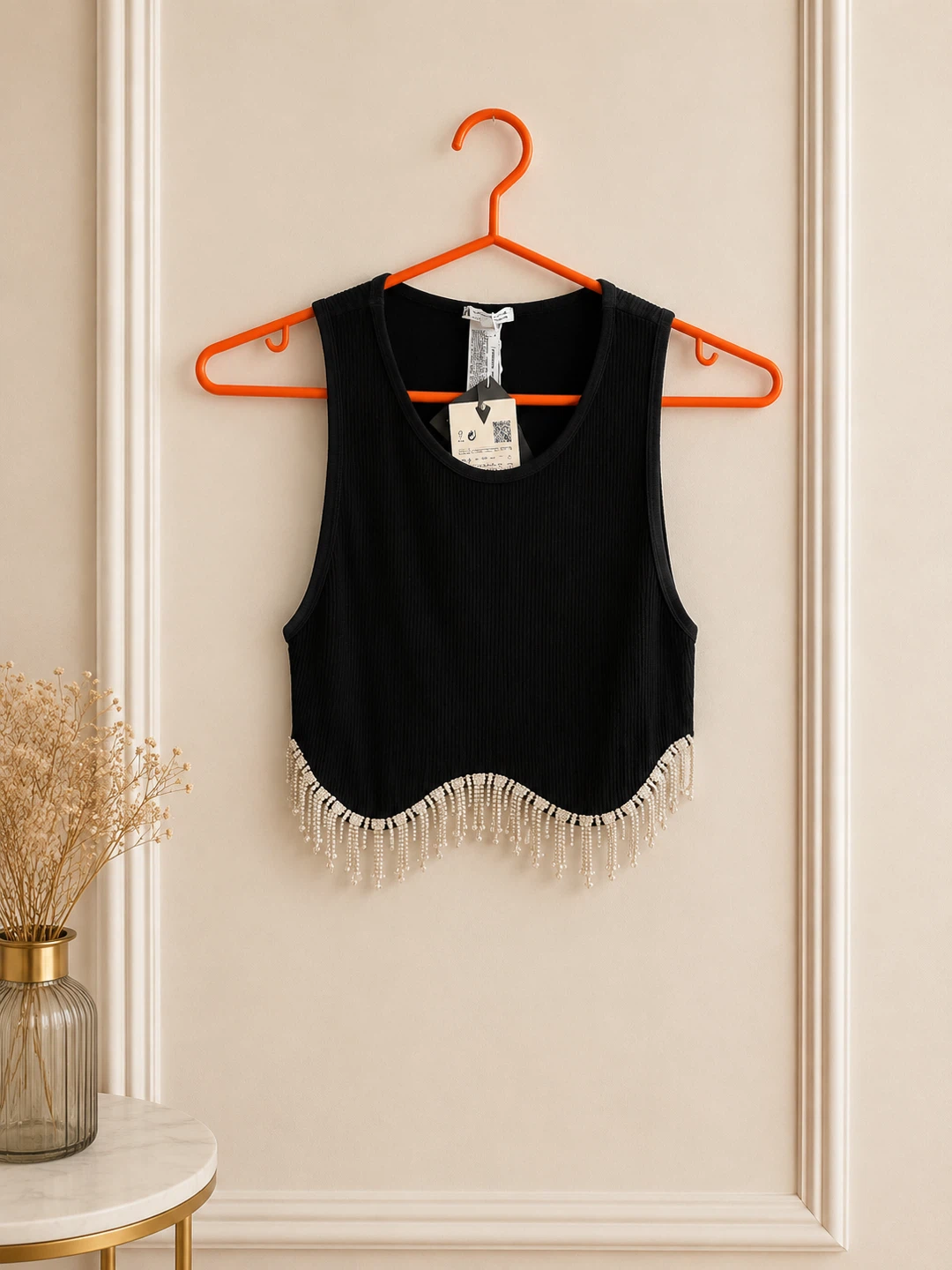 Black Rhinestone Fringe Tank Top