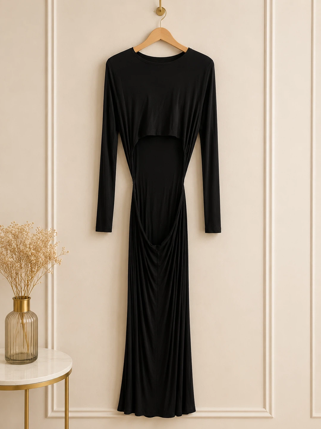 Black Long Sleeve Maxi Dress with Cutout - photo 2
