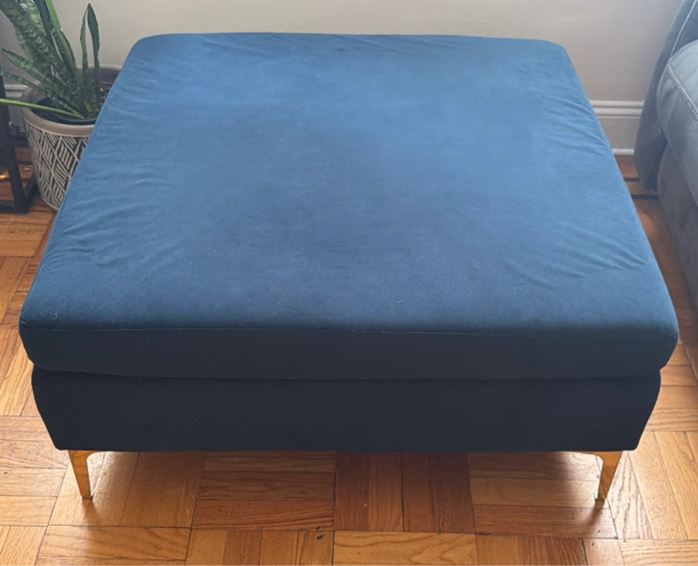 Navy Blue Ottoman with Gold Legs