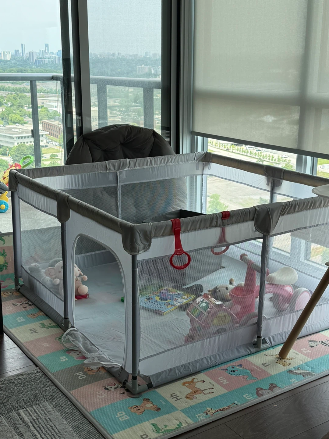 Grey Mesh Playpen with Zipper Door