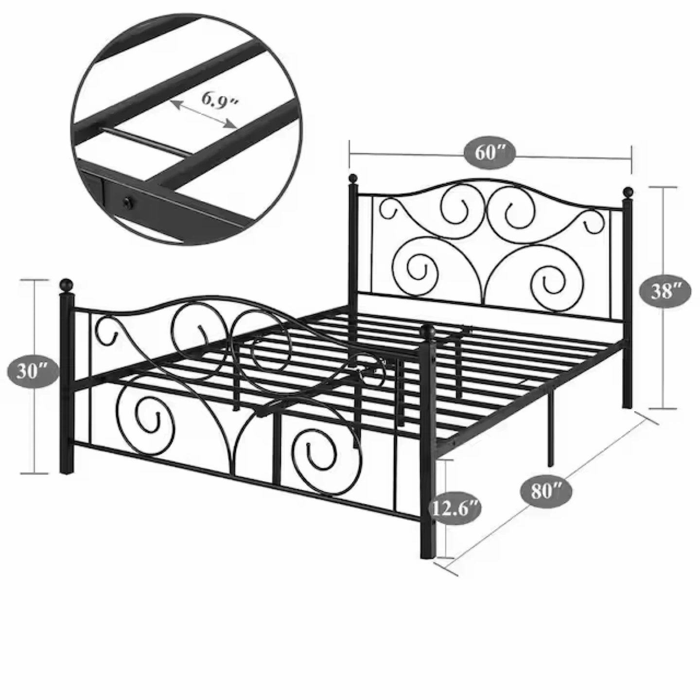 Black Metal Bed Frame Queen Size with headboard and footboard
