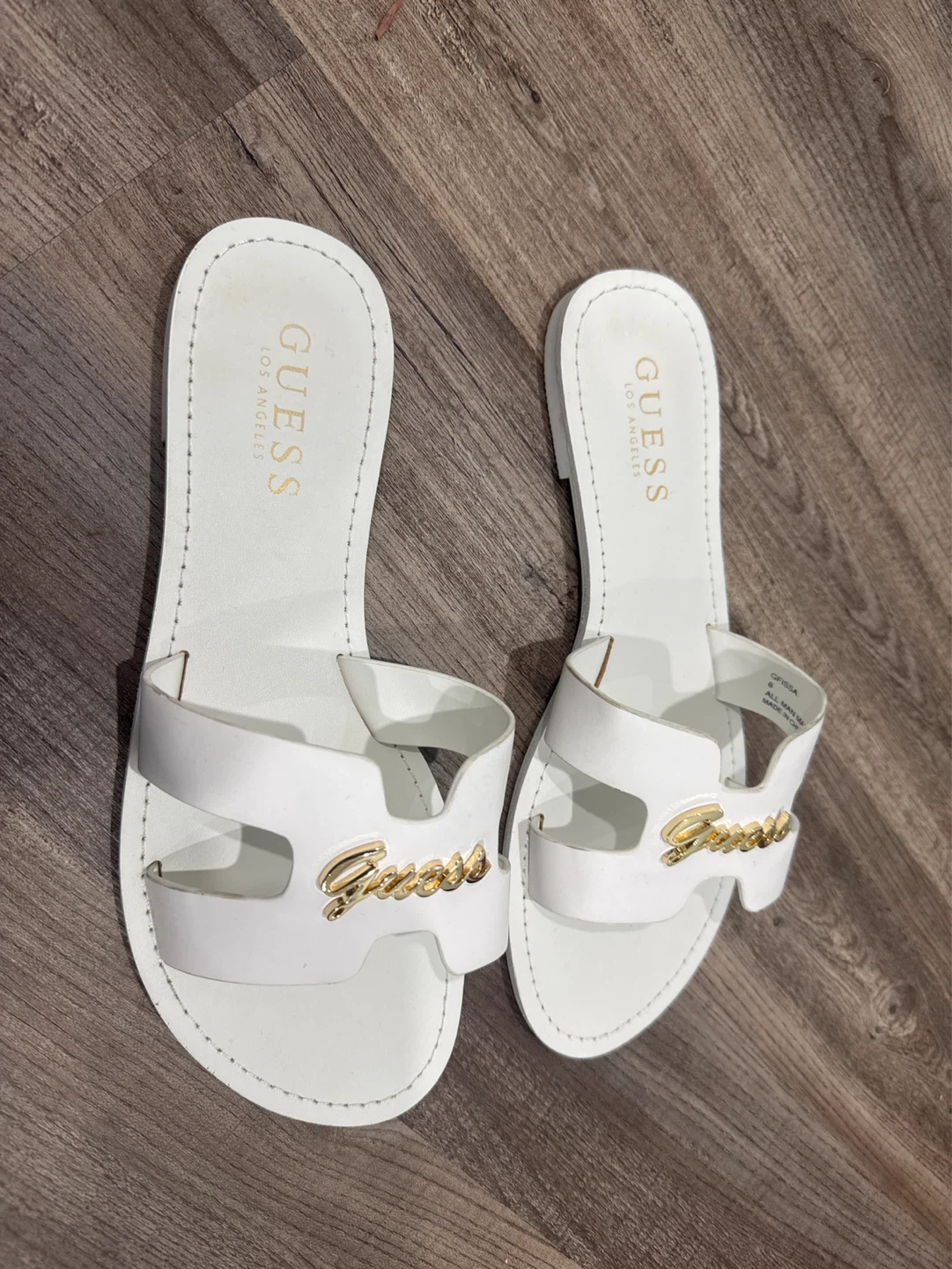 White GUESS Slides with Gold Logo - Size 6