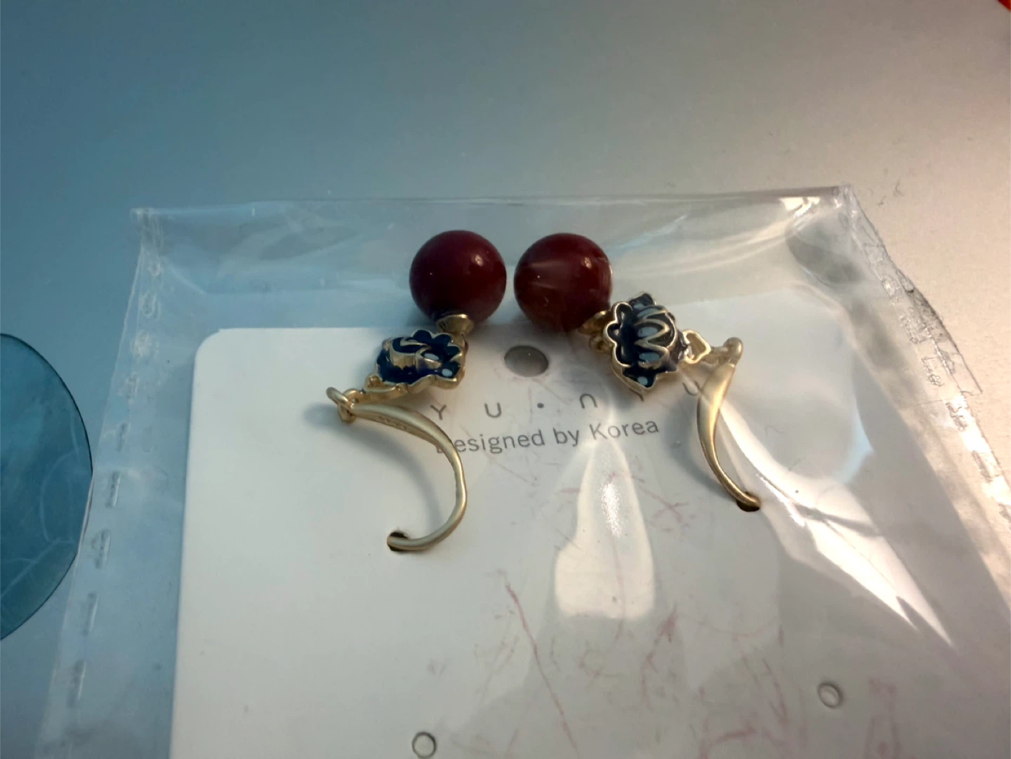 Gold Tone Earrings with Red Beads and Blue Flower Accents - photo 3