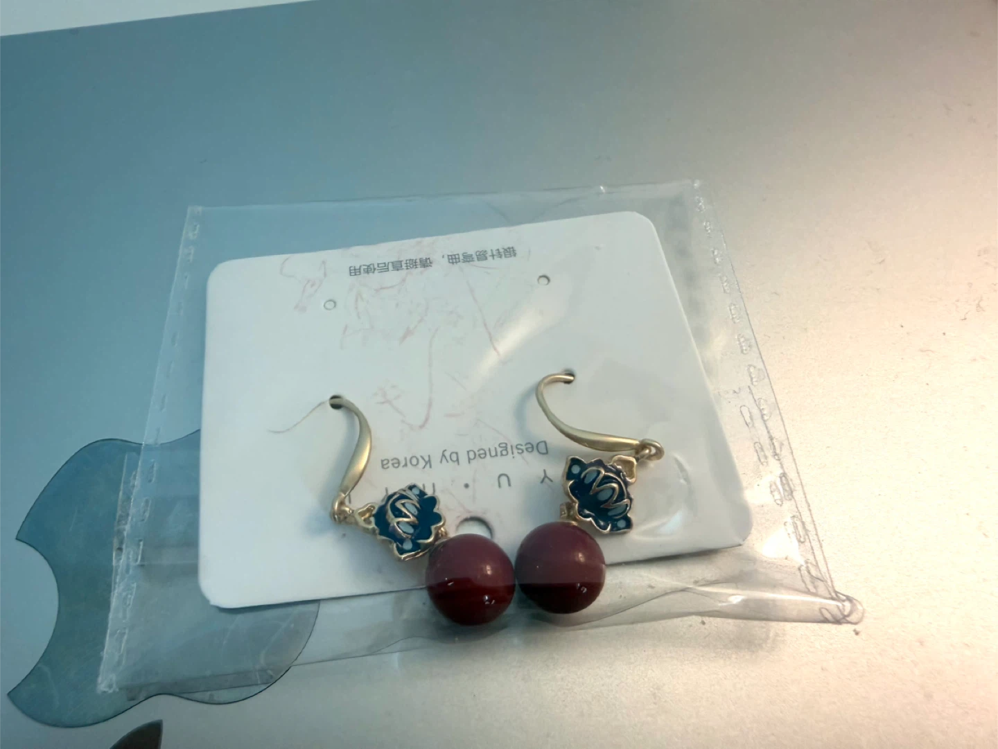 Gold Tone Earrings with Red Beads and Blue Flower Accents - photo 2