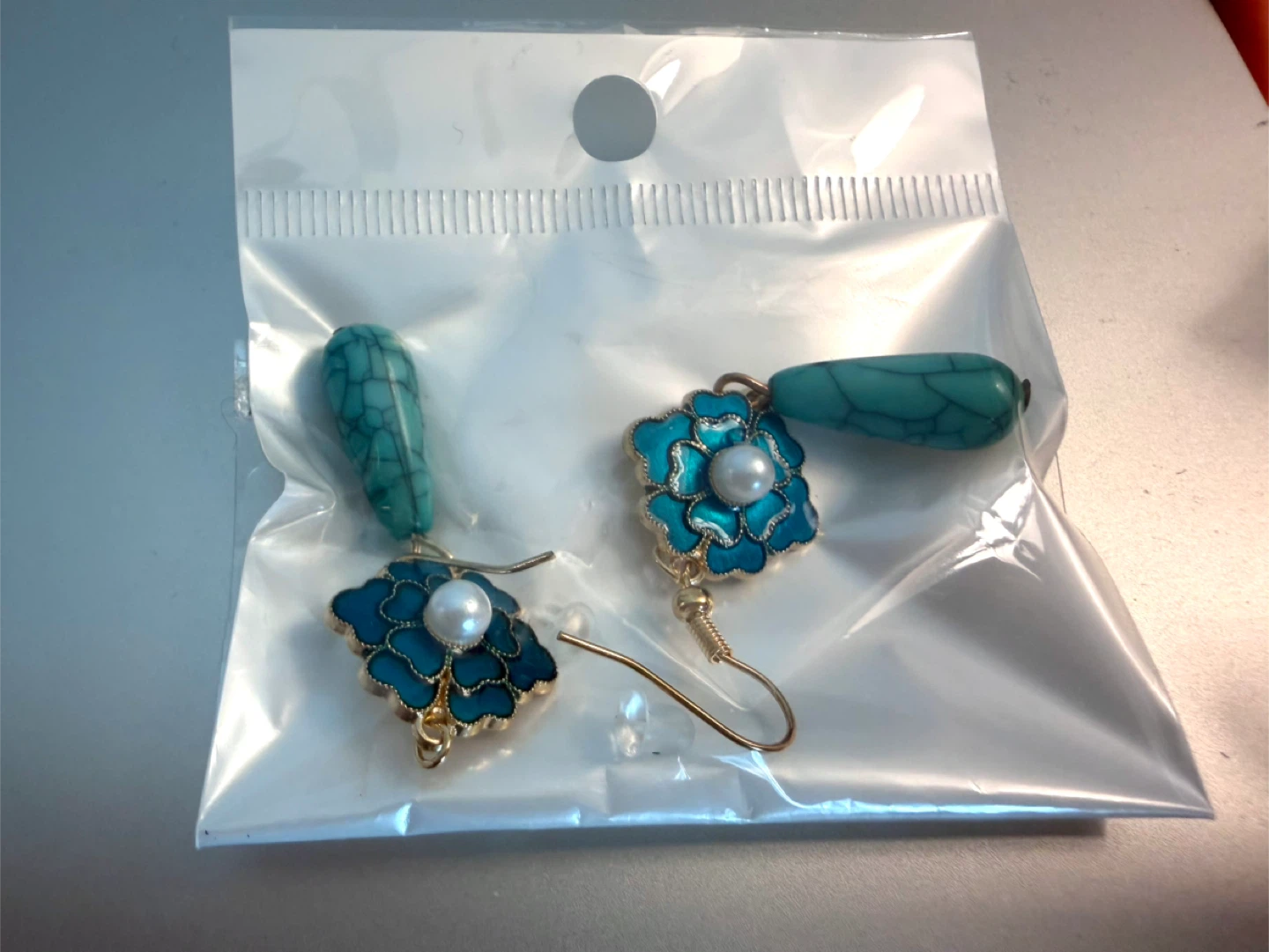 Teal & Gold Flower Earrings with Pearl Accent - photo 2
