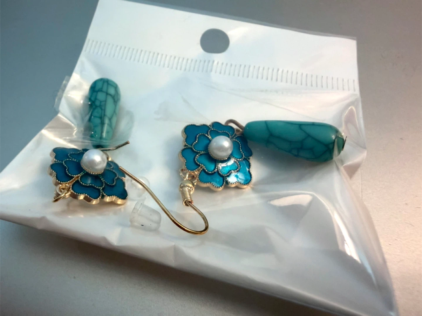 Teal & Gold Flower Earrings with Pearl Accent
