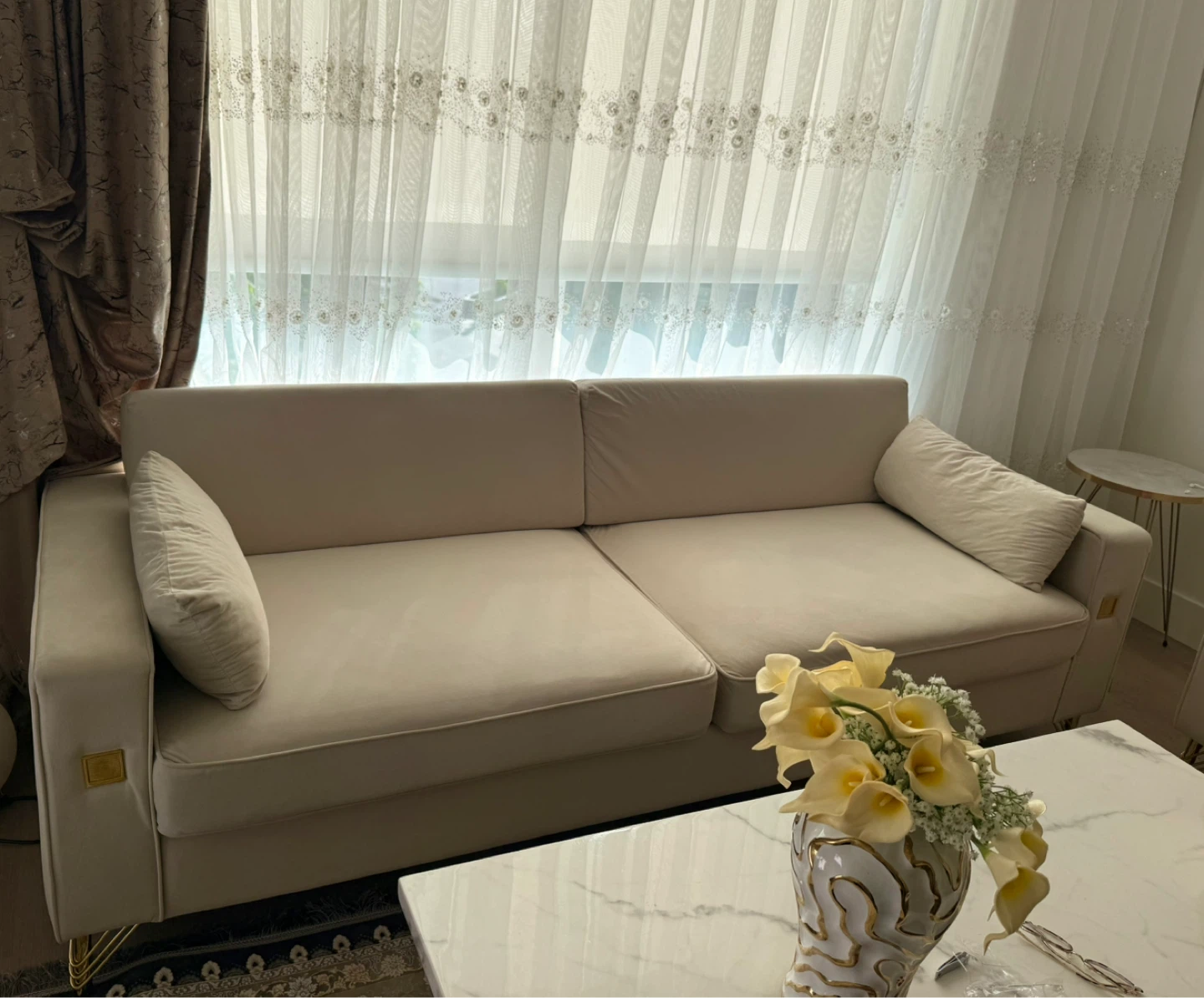 Beige Velvet Sofa with Gold Legs - photo 2