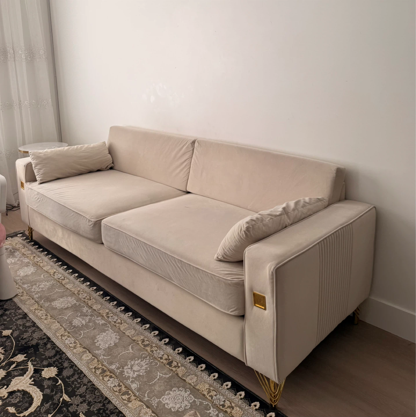 Beige Velvet Sofa with Gold Legs
