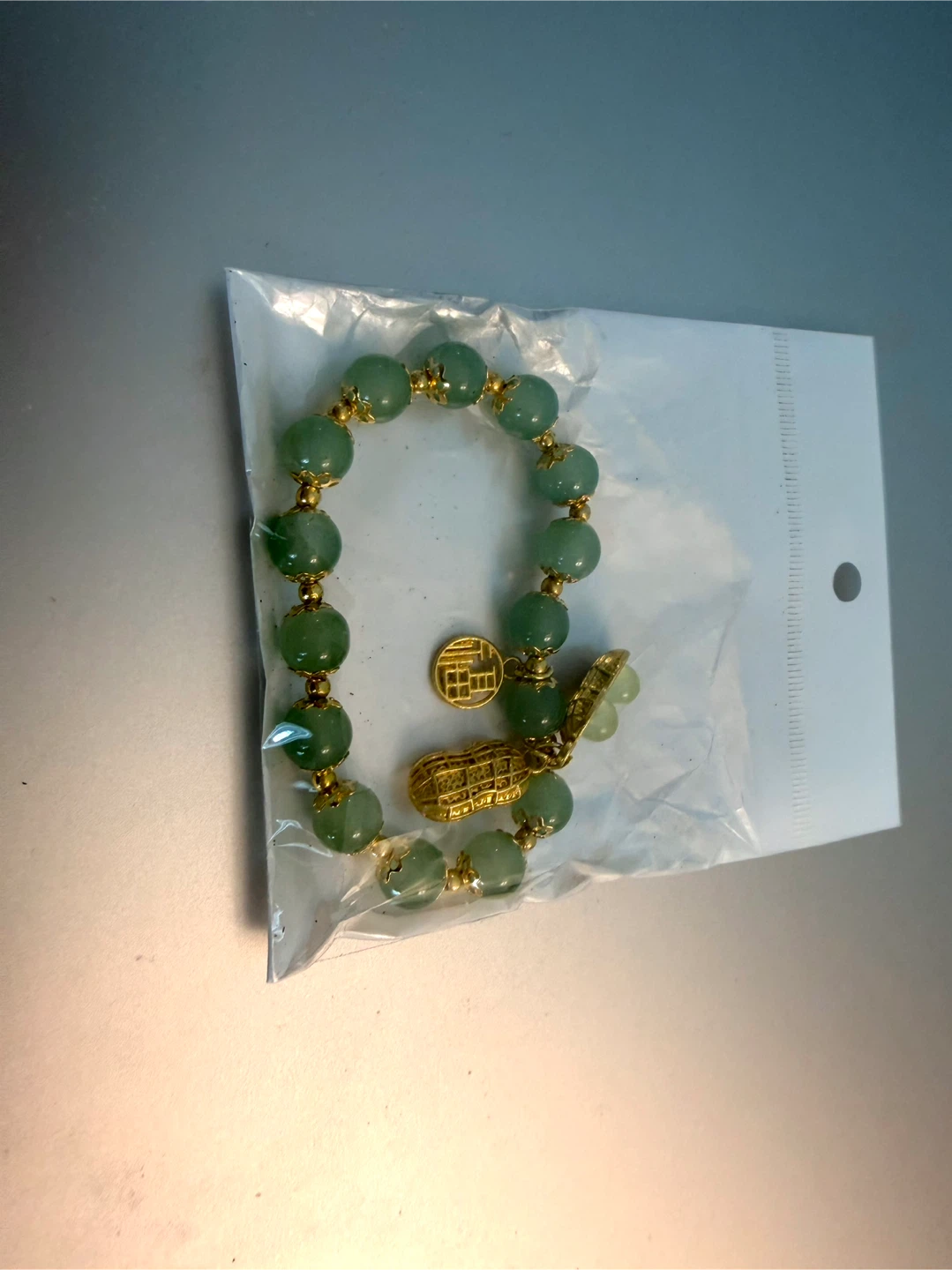 Jade Beaded Bracelet with Gold-Tone Charm