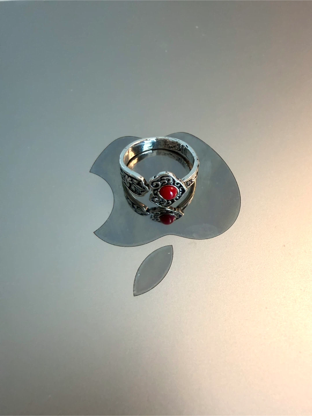 Silver-tone ring with red stone accent - photo 2