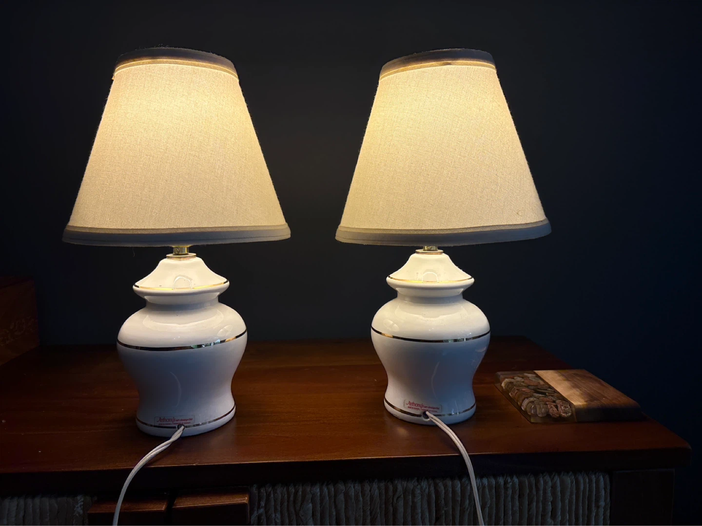 Pair of White Ceramic Table Lamps with Gold Trim