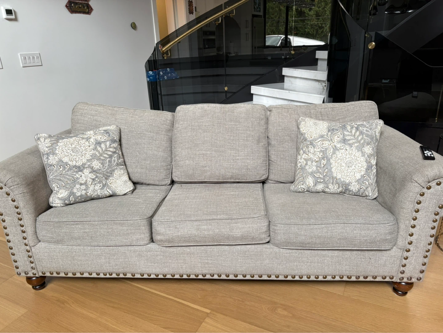 Grey Fabric Sofa with Decorative Studs - photo 5