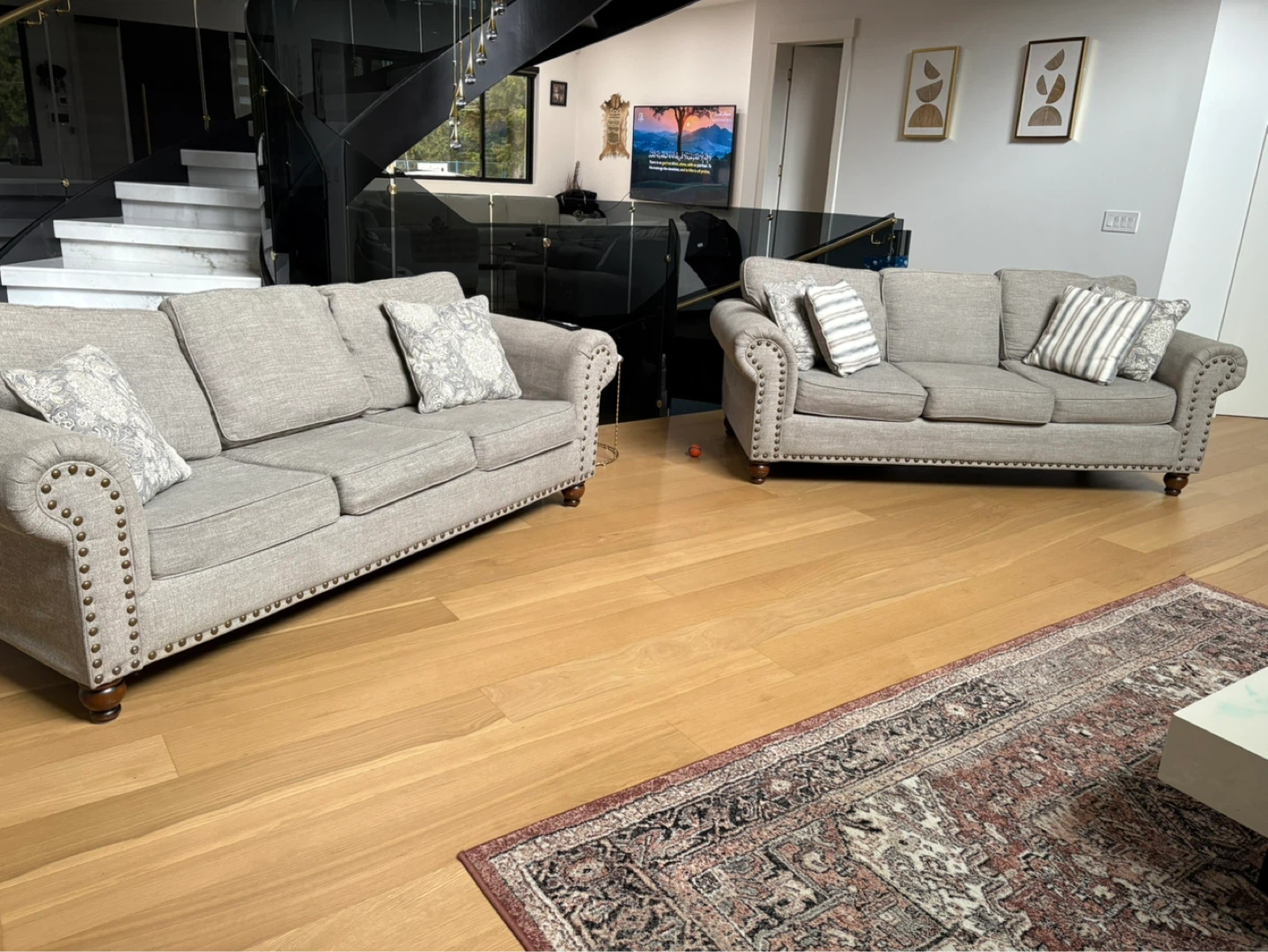 Grey Fabric Sofa with Decorative Studs