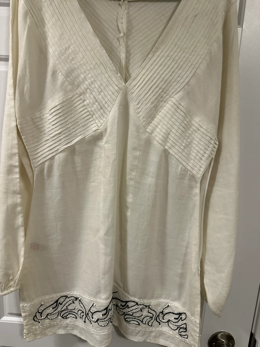 White Long Sleeve Top with Embroidered Hem