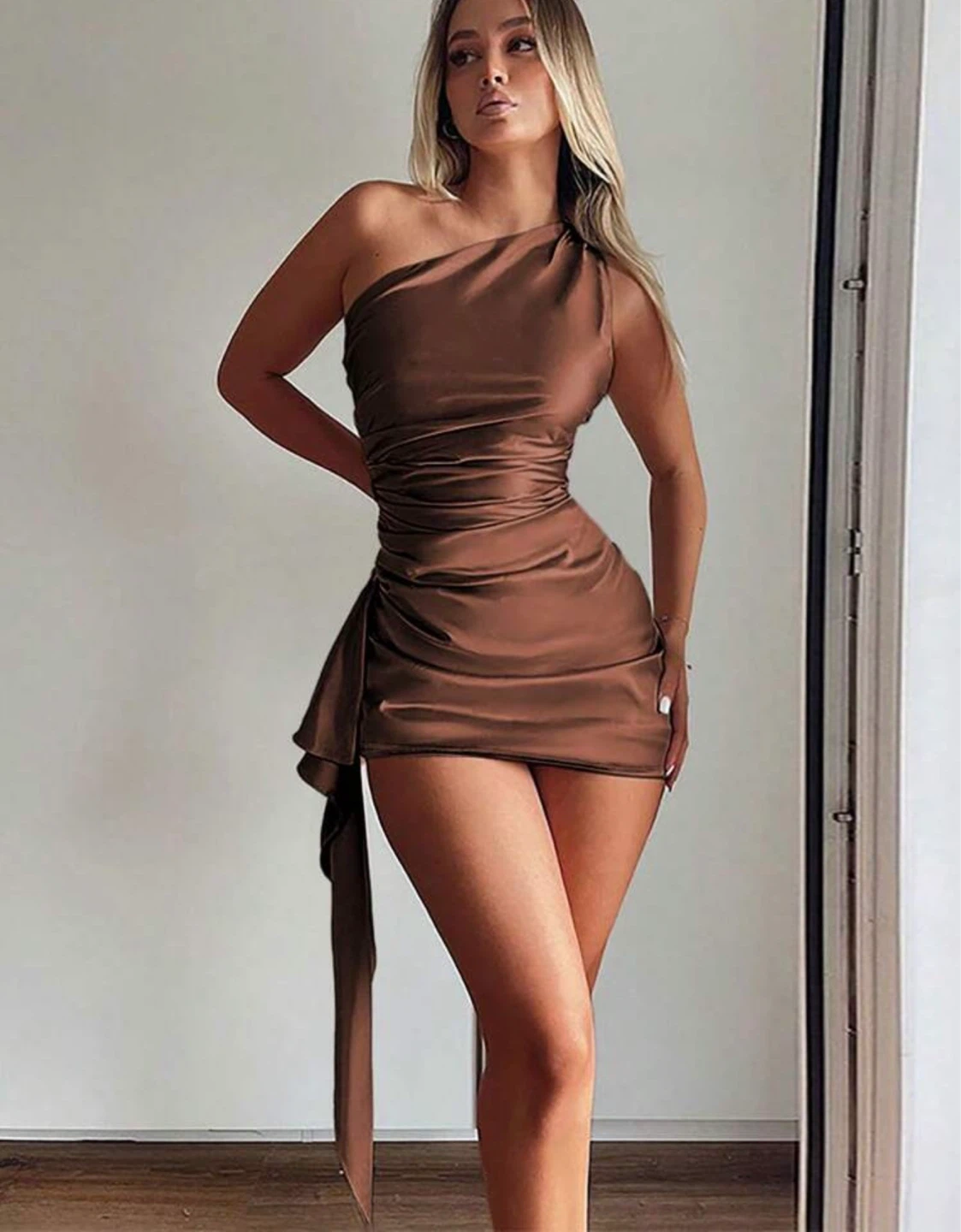 Brown One-Shoulder Ruched Satin Dress