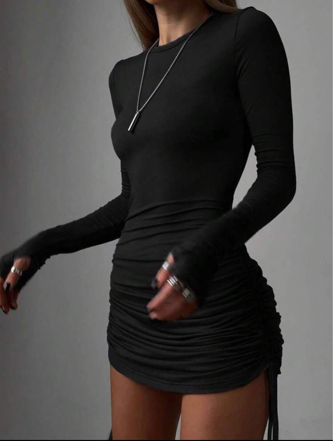 Black Ruched Long Sleeve Dress